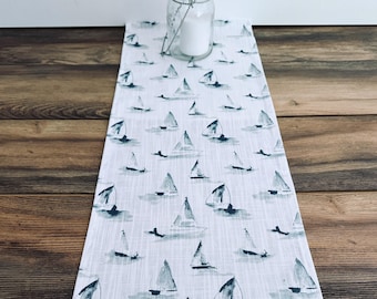 Blue Sailboat Table Runner; Nautical Home Decor Centerpiece, Beach House Oceanside Sea Life Coastal Living Sailing Gift