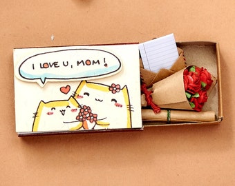 Cat Mom Card, Surprise Matchbox Gift for Mom, Handmade Card, Thoughtful Mother's Birthday Gift, "I love you mom",  Roses Miniature, OT029