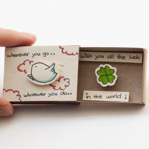 Ermutigungskarte / Glückskarte / Ich wünsche Ihnen Glück / Abschiedskarte / Vogel Streichholzschachtel / Geschenkbox / Nachrichtenbox "Ich wünsche Ihnen alles Glück im Wort"