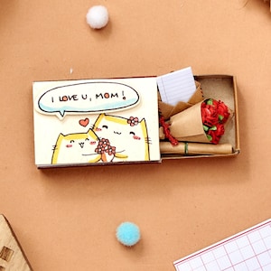 Cartão para mãe gata, presente surpresa de caixa de fósforos para mãe, cartão feito à mão, presente de aniversário atencioso para mãe, "Eu te amo, mãe", rosas em miniatura, OT029