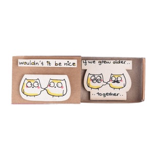 Carte d'anniversaire hibou/ Carte vieillissante/ Carte boîte d'allumettes hibou/ Cadeau unique pour lui/ « Ce ne serait pas bien si nous vieillissions ensemble »/ LV051