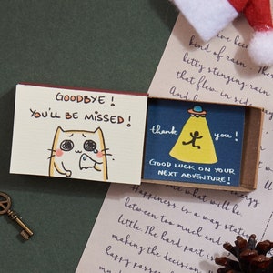 Carte d'adieu amusante/Carte d'adieu/Cadeau pour amoureux des chats/Joli cadeau boîte d'allumettes/Carte de nouvel emploi/Carte de remerciement/Bonne chance dans votre prochaine aventure