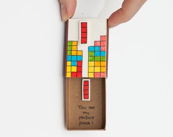 Geeky Love card/ Tetris Puzzle Card / Unique anniversary gift/ Retro Gamer Love Card/ Tiny Matchbox Card "You are my perfect piece"/ LV010