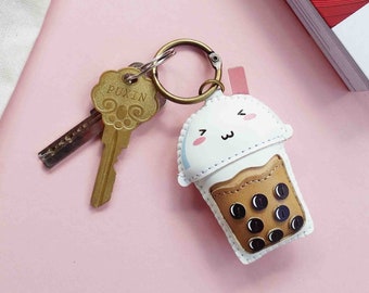 Bubble Tea Stuffed Toy Leather, Personalized Leather Charms, Boba Luggage Tag, Asian Food Keychain, Unique Custom Bag Charm, Sweet Keyring