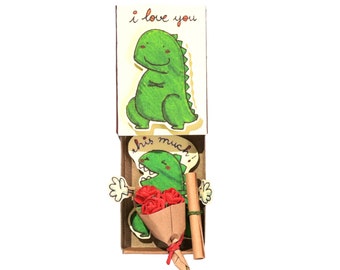 Dinosaur Love Card/ Funny 3D pop-up Dino Card/ Funny gift for her/ Matchbox Card/ Dinosaur card/ "I Love You This Much"/LV099