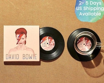 David Bowie Vinyl Record Coasters, Set of 2, Retro 70s Music Coasters, Album Cover, LP Record Coasters Cool Gift for Dad, Ziggy Stardust