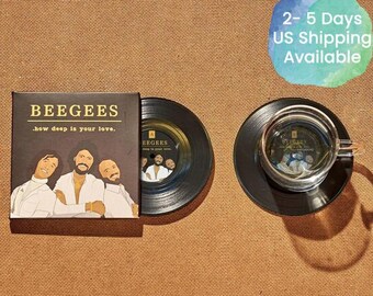 Bee Gees Vinyl Record Coasters, Set of 2, 70s Pop Music Coasters, Gift for Music Lovers, How Deep is Your Love, Bee Gees Gifts, House Decor