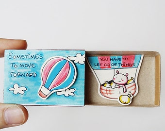 Witty Encouragement Card Matchbox - Cute Rabbit Greeting Card - Gift box - "Sometimes to move forward You have to let go of things" - OT115