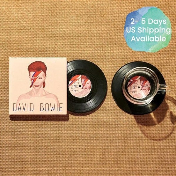 David Bowie Vinyl Record Coasters, Set of 2, Retro 70s Music Coasters, Album Cover, LP Record Coasters Cool Gift for Dad, Ziggy Stardust