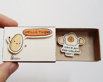 Fun Just Because Card Matchbox - Cute Egg Greeting Card - Gift box - "hello there" - "Have an egg-cellent day" - OT111