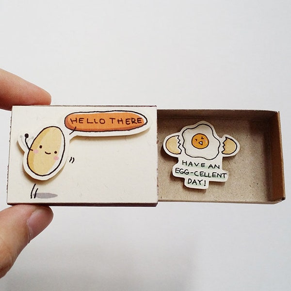 Fun Just Because Card Matchbox - Cute Egg Greeting Card - Gift box - "hello there" - "Have an egg-cellent day" - OT111