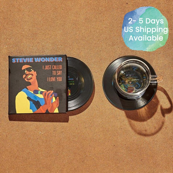 Stevie Wonder Vinyl Record Coasters, Set of 2, LP Record Coasters 80s Pop Music, Gift for Music Lovers, I just called to say I love you