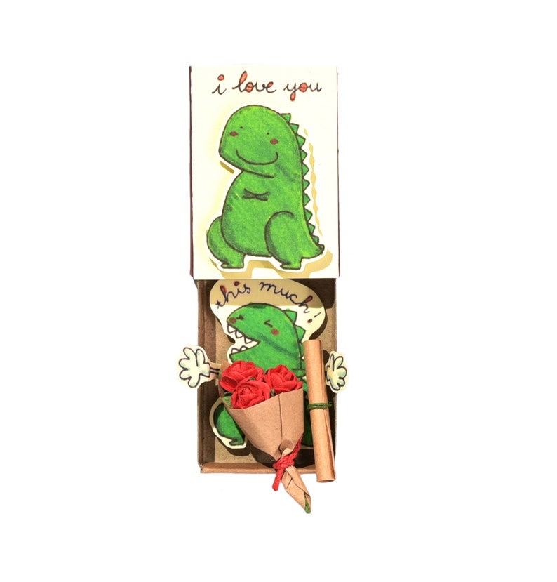 Dinosaur Love Card/ Funny 3D pop-up Dino Card/ Funny gift for her/ Matchbox Card/ Dinosaur card/ I Love You This Much/LV099 image 1