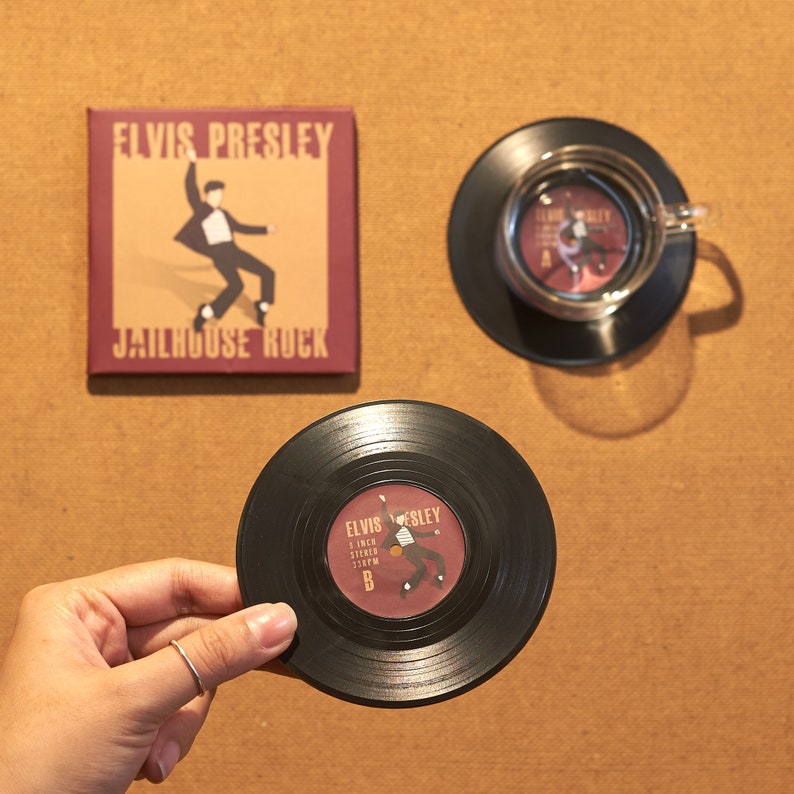 Vinyl Record Coasters, Set of 2, Elvis Presley Music Coasters, Jailhouse Rock Album, Music Decor, Gift for Music Lover, Rock n' Roll CS022 image 3