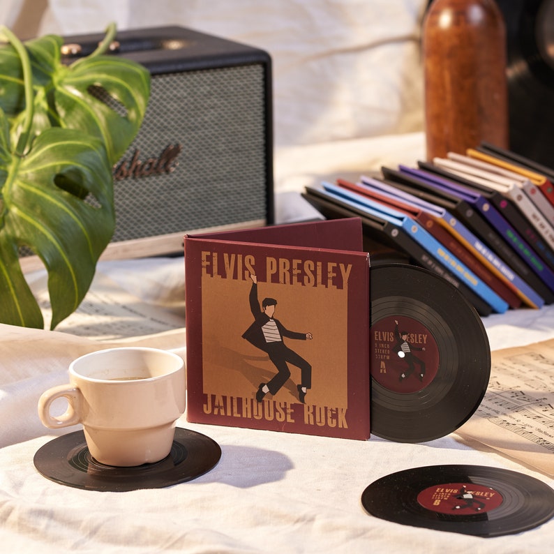 Vinyl Record Coasters, Set of 2, Elvis Presley Music Coasters, Jailhouse Rock Album, Music Decor, Gift for Music Lover, Rock n' Roll CS022 image 4