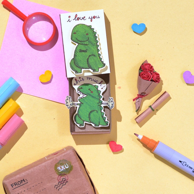 Dinosaur Love Card/ Funny 3D pop-up Dino Card/ Funny gift for her/ Matchbox Card/ Dinosaur card/ I Love You This Much/LV099 image 3