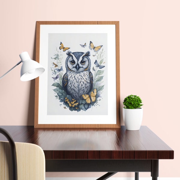 Watercolor Painting of a Owl | Digital Download | Printable Art | Children Bedroom | Butterflies | Splash Paint