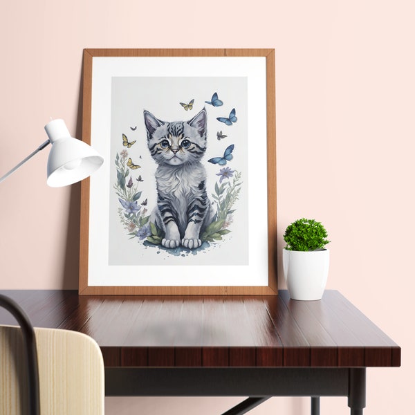 Watercolor Painting of a Kitten | Digital Download | Printable Art | Children Bedroom | Butterflies | Splash Paint