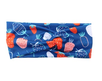 Twist hoofdband voor dames Marine met aardbeien, tulband hoofdband, elastische stoffen hoofdband, fruithoofdband, maskerhoofdband met knopen