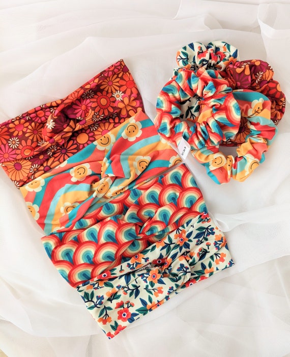 Retro Theme Scrunchies and Headband for Women, Hair Ties, Hair Elastic, Non Slip Scrunchies, Faux Knot Headband, Twist Headband with buttons