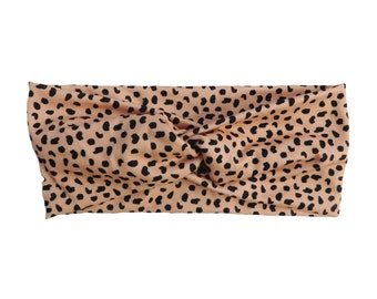 Gedraaide hoofdband voor dames in beige luipaardprint, tulbandhoofdband voor dames, hoofdband met knopen voor maskers, oefenhaarband