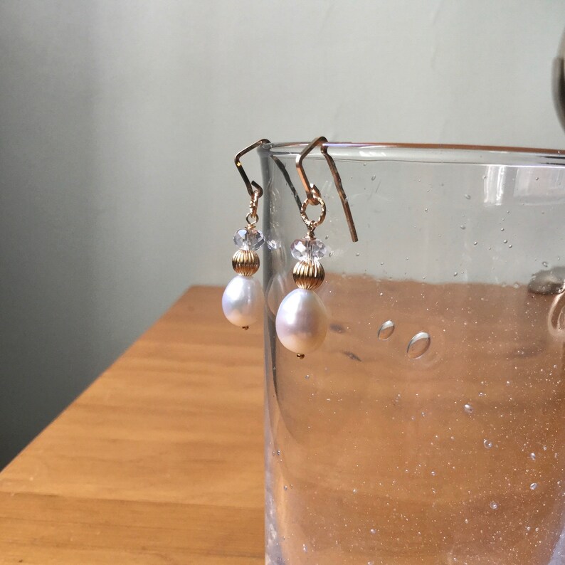 Drop Chunky Fresh-water Pearl Crystal Gold Earrings,Real Natural 10mm White Pearl,Wedding Bridesmaids Dangle Gold,June Birth Stone Gift