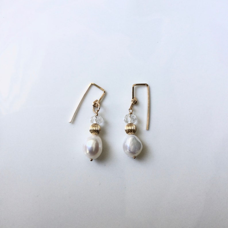 Drop Chunky Fresh-water Pearl Crystal Gold Earrings,Real Natural 10mm White Pearl,Wedding Bridesmaids Dangle Gold,June Birth Stone Gift