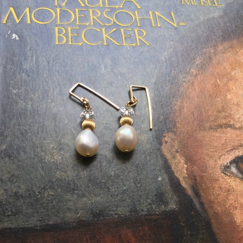 Drop Chunky Fresh-water Pearl Crystal Gold Earrings,Real Natural 10mm White Pearl,Wedding Bridesmaids Dangle Gold,June Birth Stone Gift