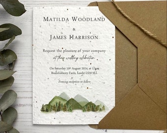 Seed Paper Wedding Invitations, Mountain & Forest Wedding Invite Set, Plantable Invites, Outdoor Highland Wedding Stationery with Hills On