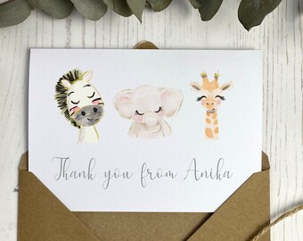 Personalised Baby Thank You Cards - Children's / Kid's Cards - For New Baby, Baby Shower, First Birthday - Seed Paper - Cute Safari Animals