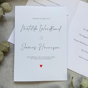 Personalised Wedding Order of Service Booklets - Simple Minimal Wedding Programme - Ceremony Schedule -  Modern Red Heart Wedding Stationery