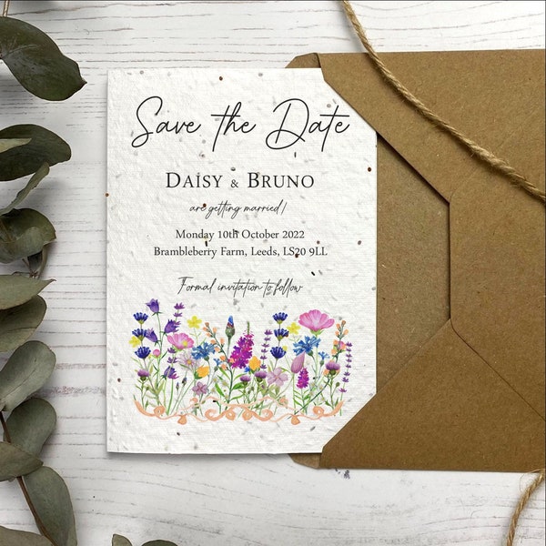 Wildflower Plantable Seed Card Save The Dates, Sustainable Wedding Stationery, Seeded Paper Save Our Evening, Pretty Boho Wedding Invite
