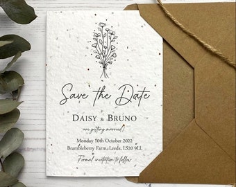 Floral Outline Plantable Seed Card Save The Dates, Sustainable Wedding Stationery, Seeded Paper Save Our Evening, Simple Pretty Invite