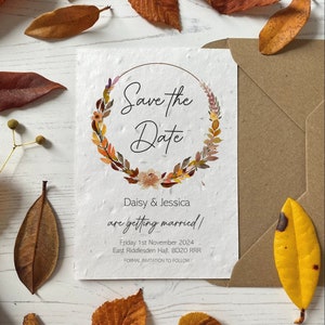 Autumn Wedding Save The Dates Printed on Plantable Seed Paper Wedding Stationery | Orange & Brown Rustic Invites | Save Our Evening Cards