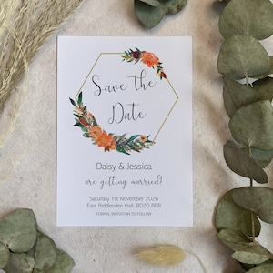 Réservez vos dates à l'orange brûlée | Faire-part de mariage d'automne | Cartes "Retenez cette date" rustiques | Sauvez la soirée | Papeterie de mariage classique | Imprimé