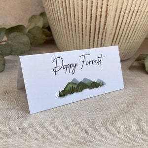 Forest & Mountain Wedding Place Cards, Wedding Name Cards With Hills On, Rustic Outdoor Wedding Name Tags, Flat / Folded Place Name Cards