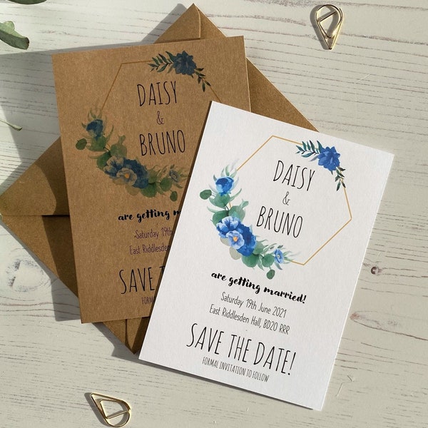 Save the Date Cards / Dusty Blue Floral / Rustic Blue Flower / Geometric Wedding Stationery / Vintage Hexagon Affordable Wedding Stationery