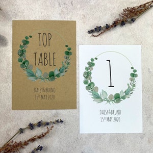 Eucalyptus Wedding Table Numbers | Rustic Table Name Sign | Choice of Card and Size | Matching Stationery | Botanical Green Foliage Design