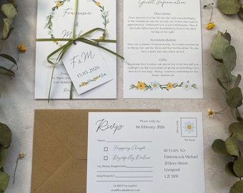 Rustic Daisy Flower Wedding Invitation Set | Spring Wedding Stationery | Boho Invites | Retro Buttercup Individual Page Invite Suite