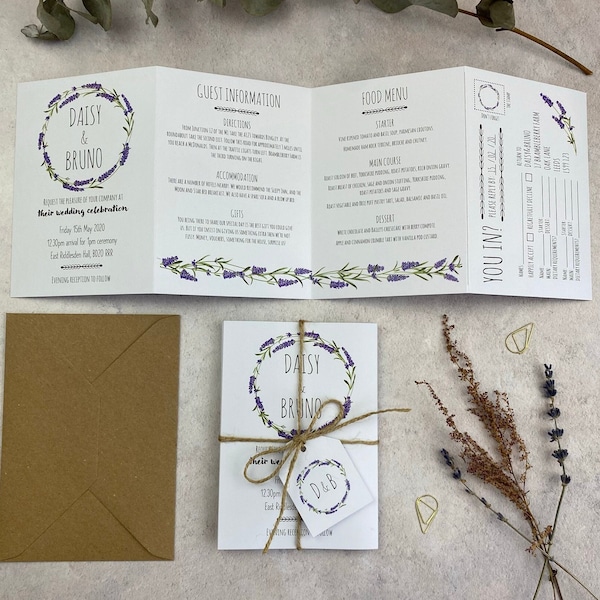 Folded Lavender Wedding Invitations, Personalised Rustic Concertina Invites, Purple Country Chic Wedding Stationery