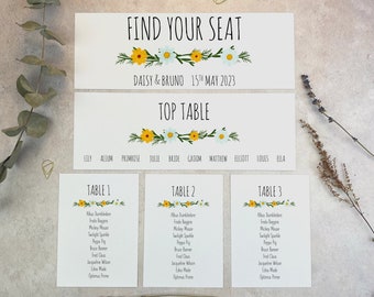 Daisy Wildflower Individual Table Plan Cards, Rustic Wedding Breakfast Seating Chart, Bohemian Banquet Seating Plan, Whimsical Stationery