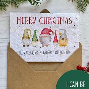 Family Christmas Cards with Christmas Gnome / Gonk Detail, Personalised with Family Names, Printed on Plantable Seed Paper