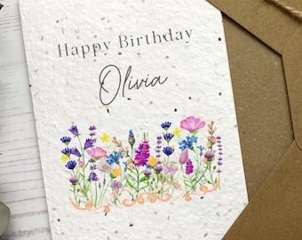 Personalised Birthday Card, Floral Greeting Card, Seeded Wildflower Card or White Card, Plantable Eco-Friendly Gift