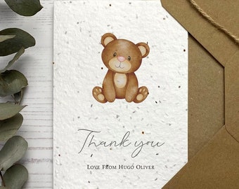 Personalised Baby Thank You Cards - Wildflower Seed Paper - For New Baby, Baby Shower, First Birthday - Teddy Bear