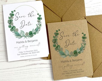 Wedding Save the Date Cards / Green Botanical Eucalyptus Foliage / Font Choice / Elegant, Country Chic, Rustic, Classic, Greenery Invites