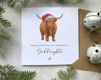 Christmas Card for Goddaughter - Personalised Gift from Godparents - Seed Paper or White Card - Cute Highland Cow