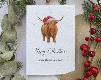 Christmas Cards Multipack (Non-personalised) Printed on Seed Paper or Normal White Card: Rustic Highland Cow Design