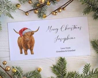Personalised Christmas Money Wallet Card for vouchers, tickets or cash: Rustic Highland Cow Design