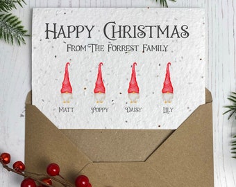 Christmas Gnome Family Christmas Cards | Pack of 10 | Cute Plantable Seed Paper Cards | From our Family Gonk Norm Xmas Gift | With Names