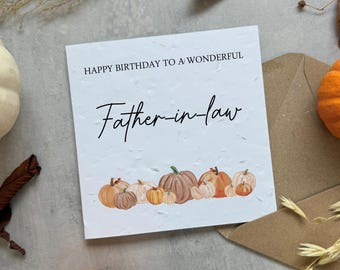 Personalised Birthday Card For Father in law - Seed Paper or White Card - Rustic Autumn Pumpkin Design